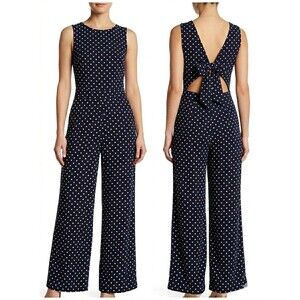 New York & Company Jumpsuit Womens Large Blue Polka Dot Wide Leg Tie Back NWT